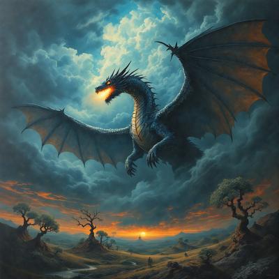 Primary subject: A dragon with a flaming mouth.

Setting/background: A cloudy sky.

Visual style: Digital art.

Colors and mood: The dragon is orange and blue, with a fiery mouth, creating a dramatic and intense atmosphere.